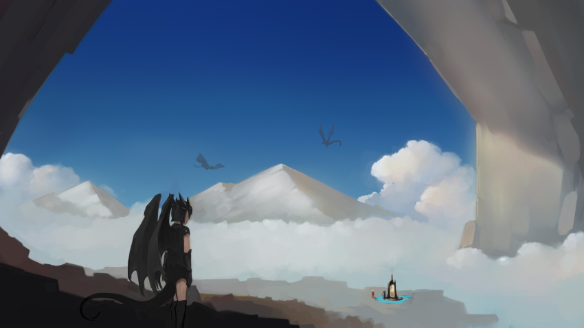 above_clouds black_hair black_shirt blue_sky claws clouds day dragon dragon_girl dragon_horns dragon_tail facing_away flying from_behind highres horns mountain original outdoors paintrfiend portal_(object) scenery shirt short_hair short_sleeves sky standing tail wings