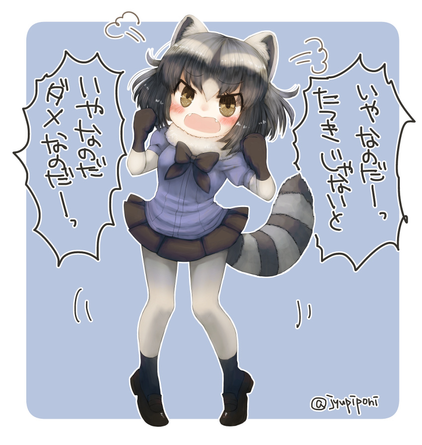 1girl animal_ears bangs black_bow black_footwear black_gloves black_hair black_skirt blush bodystocking bow bowtie breasts brown_eyes commentary_request common_raccoon_(kemono_friends) eyebrows_visible_through_hair eyelashes eyes_visible_through_hair facing_viewer fangs full_body fur_collar gloves grey_hair hair_between_eyes highres jupiponi kemono_friends lavender_background lavender_shirt legs_apart mary_janes medium_breasts miniskirt motion_lines multicolored multicolored_background multicolored_hair open_mouth outline pantyhose pleated_skirt puffy_short_sleeves puffy_sleeves raccoon_ears raccoon_tail shirt shoes short_hair short_sleeves silver_hair silver_legwear skirt socks socks_over_pantyhose solo striped striped_tail tail talking tiptoes translation_request tsurime twitter_username two-tone_background white_background white_outline
