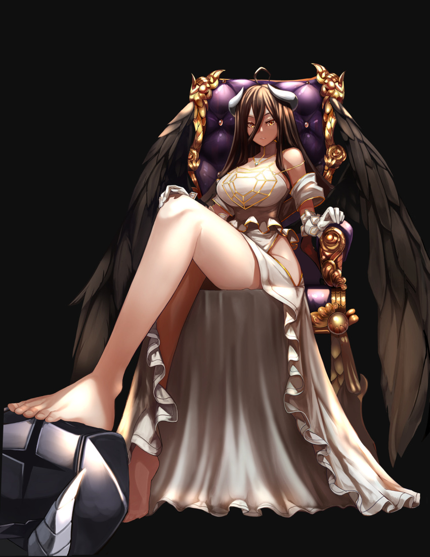 1girl ahoge albedo bare_legs bare_shoulders barefoot black_background black_hair black_wings breasts btraphen cleavage demon_girl demon_horns dress feet full_body gloves hair_between_eyes highres hip_vent horns large_breasts legs long_hair looking_at_viewer looking_down orange_eyes overlord_(maruyama) parted_lips simple_background sitting solo throne toes white_dress white_gloves wings yellow_eyes