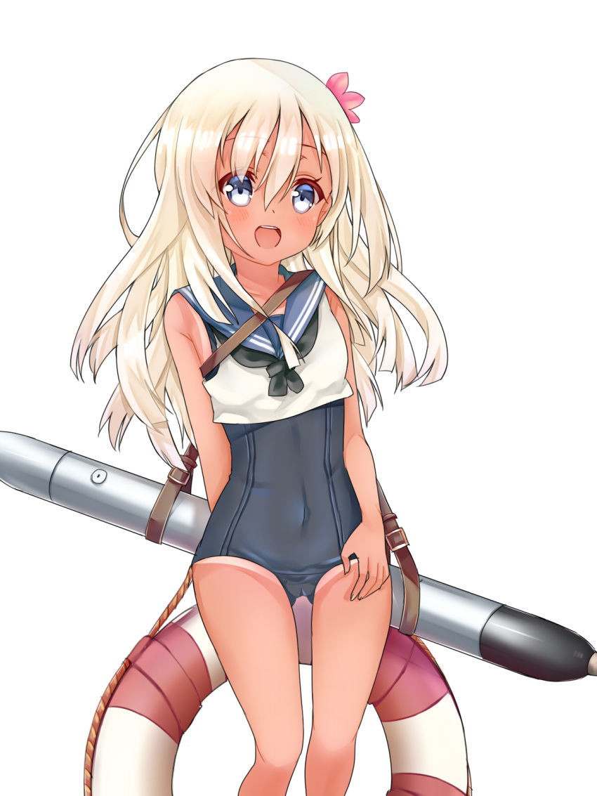 10s 1girl :d bare_shoulders black_neckwear blonde_hair blue_eyes blue_sailor_collar crop_top flower gluteal_fold hair_flower hair_ornament hibiscus highres kantai_collection lifebuoy long_hair looking_at_viewer neckerchief one-piece_swimsuit one-piece_tan open_mouth ro-500_(kantai_collection) sailor_collar school_swimsuit shirt simple_background sleeveless sleeveless_shirt smile solo standing swimsuit tan tanline tengxiang_lingnai torpedo white_background white_shirt