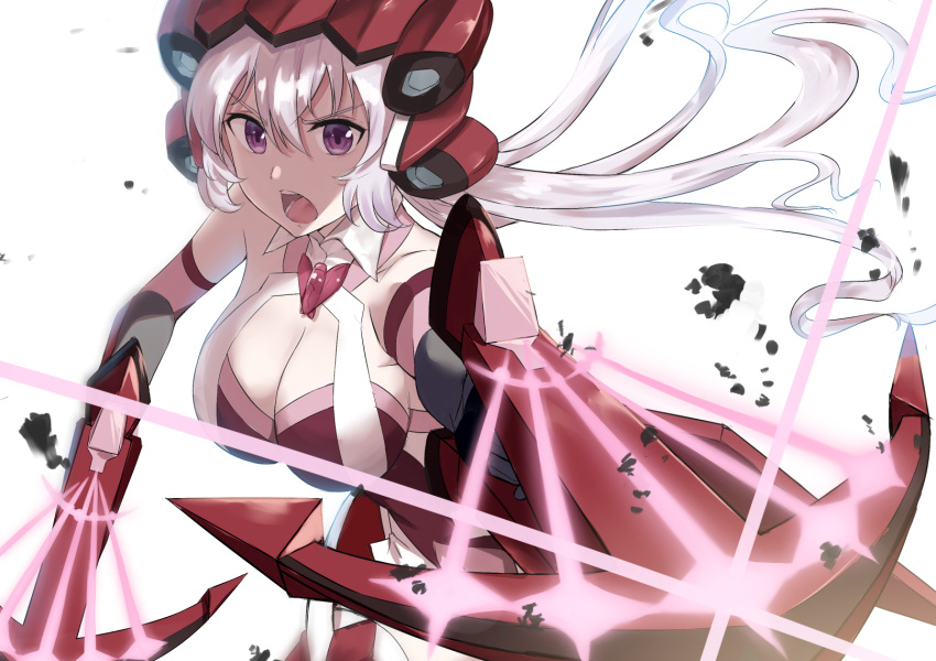 10s 1girl :o ahoge aiming_at_viewer bare_shoulders breasts cleavage commentary_request diffraction_spikes dual_wielding elbow_gloves energy_gun eyebrows_visible_through_hair gloves gun hair_between_eyes headgear highres kooan large_breasts long_hair looking_at_viewer open_mouth outstretched_arm red_gloves senki_zesshou_symphogear shouting silver_hair simple_background solo thigh-highs tongue twintails violet_eyes weapon white_background yukine_chris