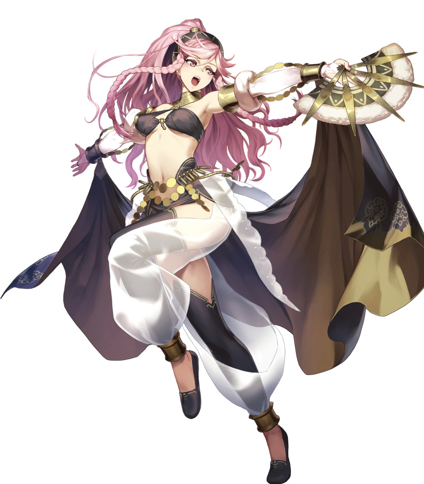 1girl armpits bare_shoulders black_legwear braid breasts bridal_gauntlets fan fire_emblem fire_emblem:_kakusei fire_emblem_heroes front_braid full_body hairband highres looking_away medium_breasts navel official_art olivia_(fire_emblem) one_leg_raised open_mouth pink_eyes pink_hair sandals see-through solo transparent_background twin_braids