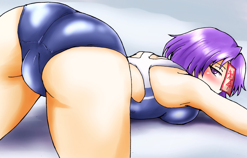 1girl ass blue_hair blue_swimsuit blush breasts competition_swimsuit d-m_(dii_emu) highres jiangshi looking_at_viewer lying miyako_yoshika ofuda on_stomach one-piece_swimsuit short_hair solo swimsuit touhou