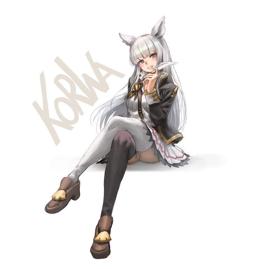 1girl athenawyrm bangs black_jacket black_legwear blunt_bangs blush breasts character_name erun_(granblue_fantasy) full_body granblue_fantasy grey_eyes highres jacket korwa legs_crossed long_hair looking_at_viewer medium_breasts mismatched_legwear open_clothes open_jacket panties pantyshot pantyshot_(sitting) quill silver_hair simple_background sitting smile solo thigh-highs underwear white_legwear white_panties