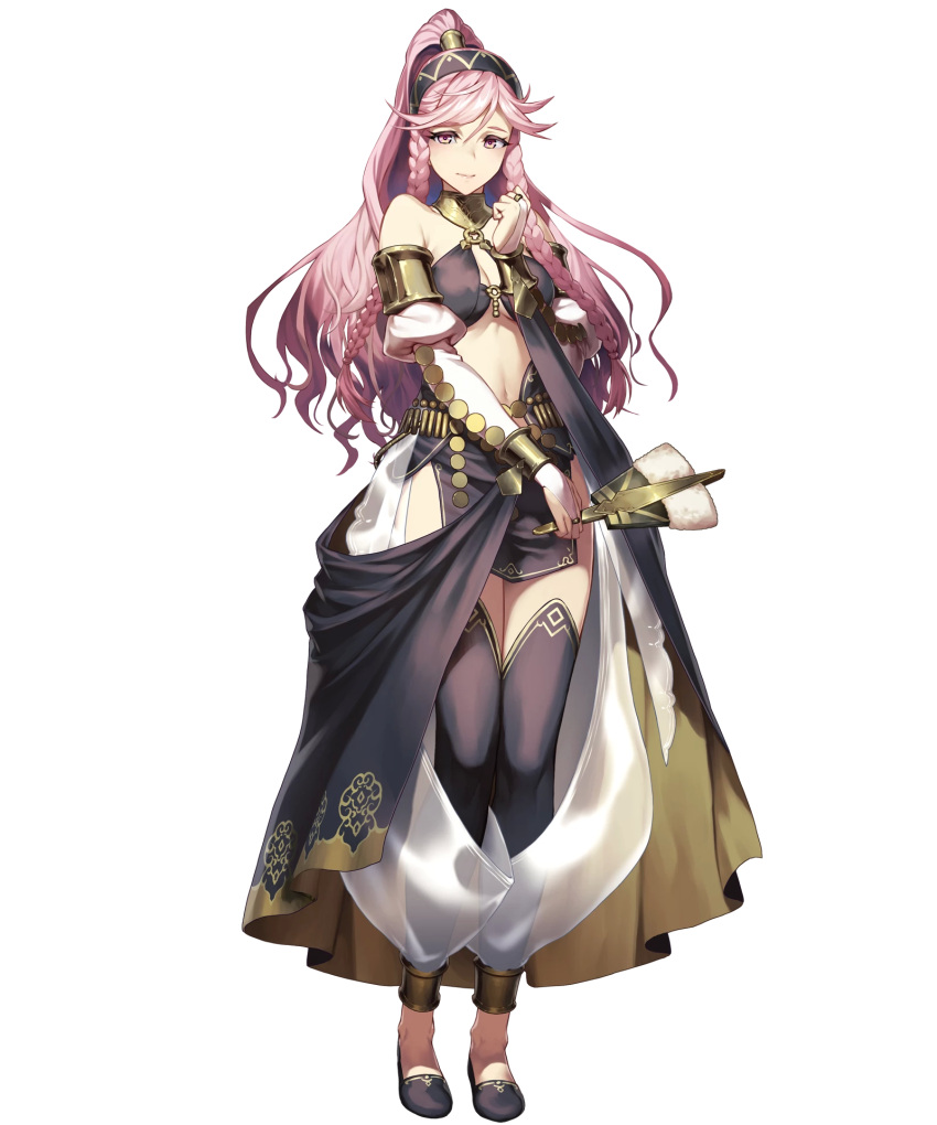 1girl bare_shoulders black_legwear braid breasts bridal_gauntlets fan fire_emblem fire_emblem:_kakusei fire_emblem_heroes front_braid full_body hairband highres looking_at_viewer medium_breasts navel official_art olivia_(fire_emblem) pelvic_curtain pink_eyes pink_hair smile solo standing transparent_background twin_braids