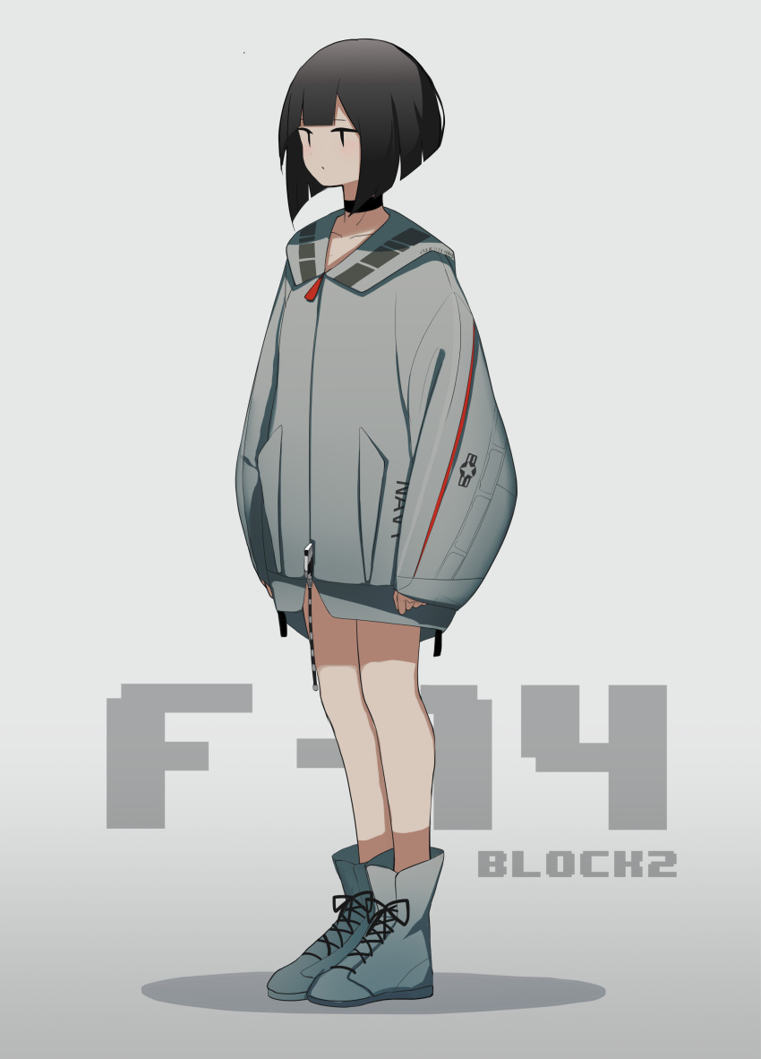 1girl absurdres bangs bare_legs black_eyes black_hair blunt_bangs boots closed_mouth clothes design expressionless f-14_tomcat fami_(yellow_skies) full_body highres hood hoodie original sleeves_past_wrists solo