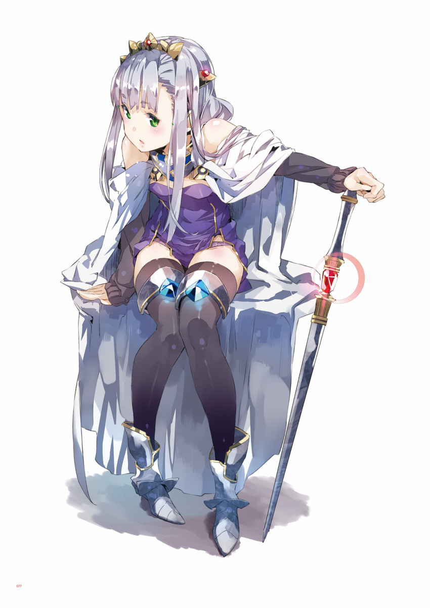 1girl arm_support bare_shoulders black_legwear boots breasts cape crown detached_sleeves dress eyebrows_visible_through_hair gorget green_eyes grey_hair hand_on_hilt highres jewelry leaning_forward long_hair outbreak_company panties parted_lips pelvic_curtain petralka_anne_eldant_iii purple_panties side_slit sidelocks silver_hair sitting sleeves_past_wrists small_breasts solo strapless strapless_dress sword thigh-highs underwear very_long_hair weapon white_panties yuugen