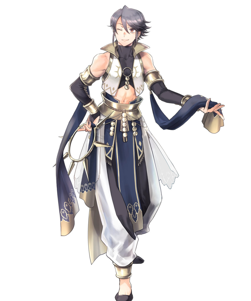 1boy abs azur_(fire_emblem) bare_shoulders brown_eyes fire_emblem fire_emblem:_kakusei fire_emblem_heroes grey_hair highres male_focus midriff navel official_art one_eye_closed solo transparent_background