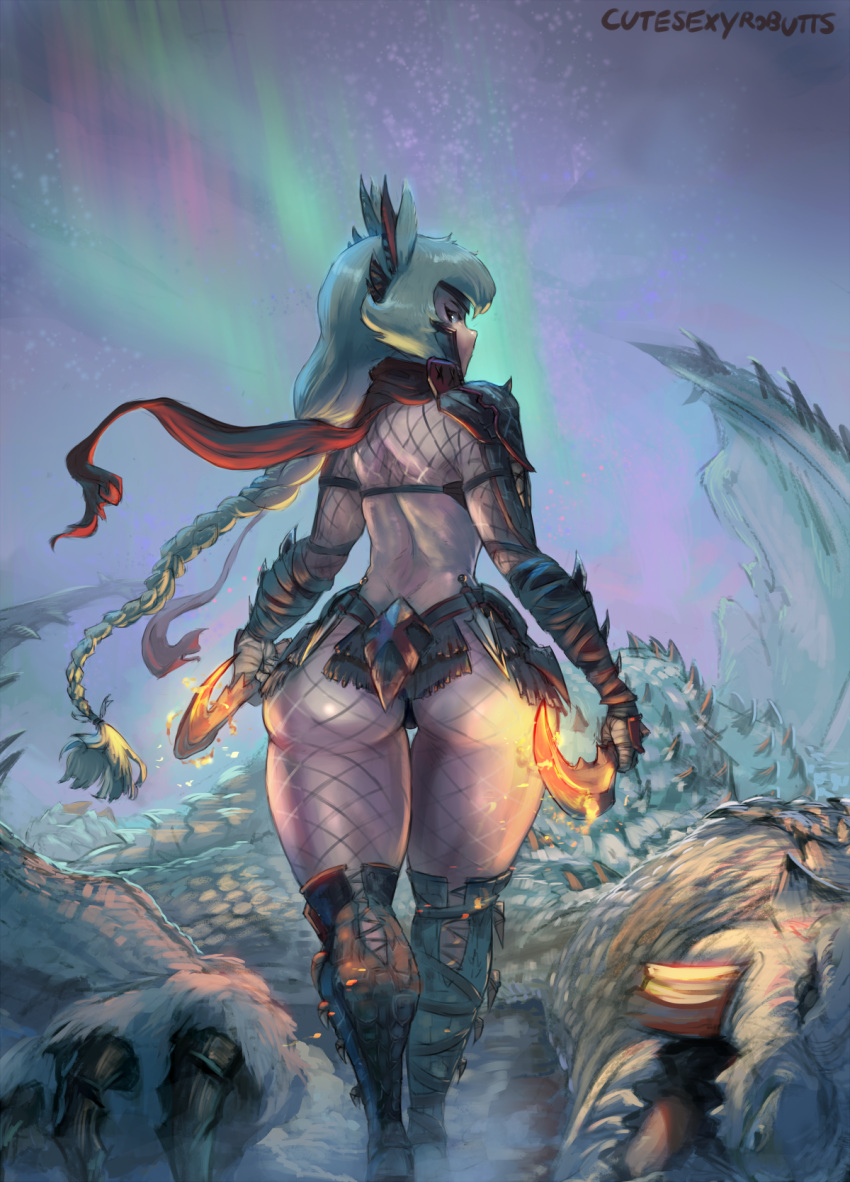 1girl ass bare_back barioth boots braid cutesexyrobutts dual_wielding fishnets gloves highres hips juno_(bard-bot) kunai long_hair looking_at_viewer looking_back monster monster_hunter nargacuga_(armor) scarf signature teeth thick_thighs thighs very_long_hair weapon