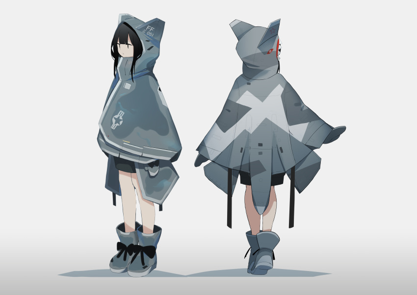 1girl absurdres back bangs black_eyes black_hair blunt_bangs boots camouflage character_name cloak commentary_request fami_(yellow_skies) full_body gradient gradient_background highres hood hood_up hooded_cloak mittens multiple_views original sharp_teeth sidelocks standing su-57 teeth