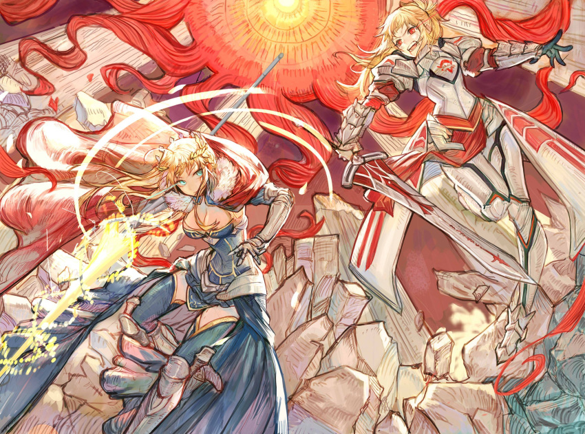 2girls ahoge armor armored_dress artoria_pendragon_(all) artoria_pendragon_(lancer) blonde_hair blood blood_from_mouth blue_eyes braid breastplate breasts burning_eye cape cleavage closed_mouth crown fate/apocrypha fate/grand_order fate_(series) gauntlets greaves highres holding holding_spear holding_sword holding_weapon lance large_breasts laurel_crown long_hair looking_at_another looking_to_the_side multiple_girls open_mouth plate_armor polearm ponytail red_cape red_eyes rosette_(yankaixuan) saber_of_red spear sun sword thigh-highs thighhighs_under_boots vambraces weapon