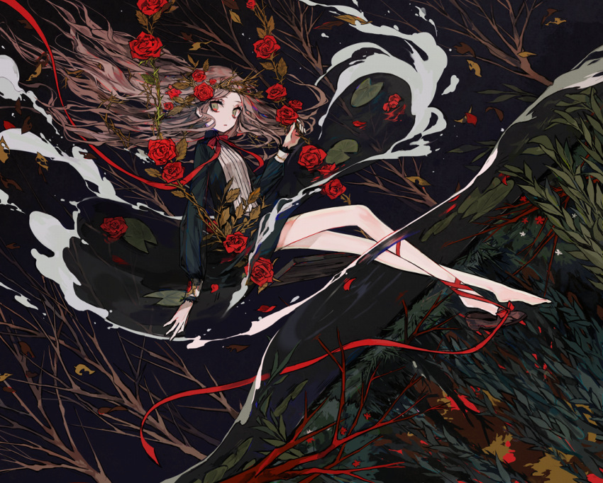 1girl bare_tree barefoot black_dress branch closed_mouth commentary dress floating flower fog grey_eyes grey_hair hand_up holding holding_flower long_hair long_sleeves looking_at_viewer mo_(mocopo) original rose solo thorns tree