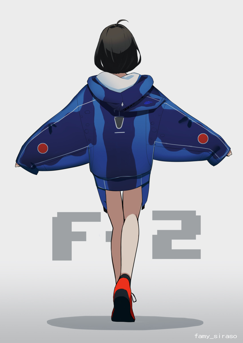 1girl absurdres ahoge black_hair bob_cut clothes design fami_(yellow_skies) from_behind full_body highres hood hoodie original outstretched_arms red_shoes shoes short_hair solo standing twitter_username