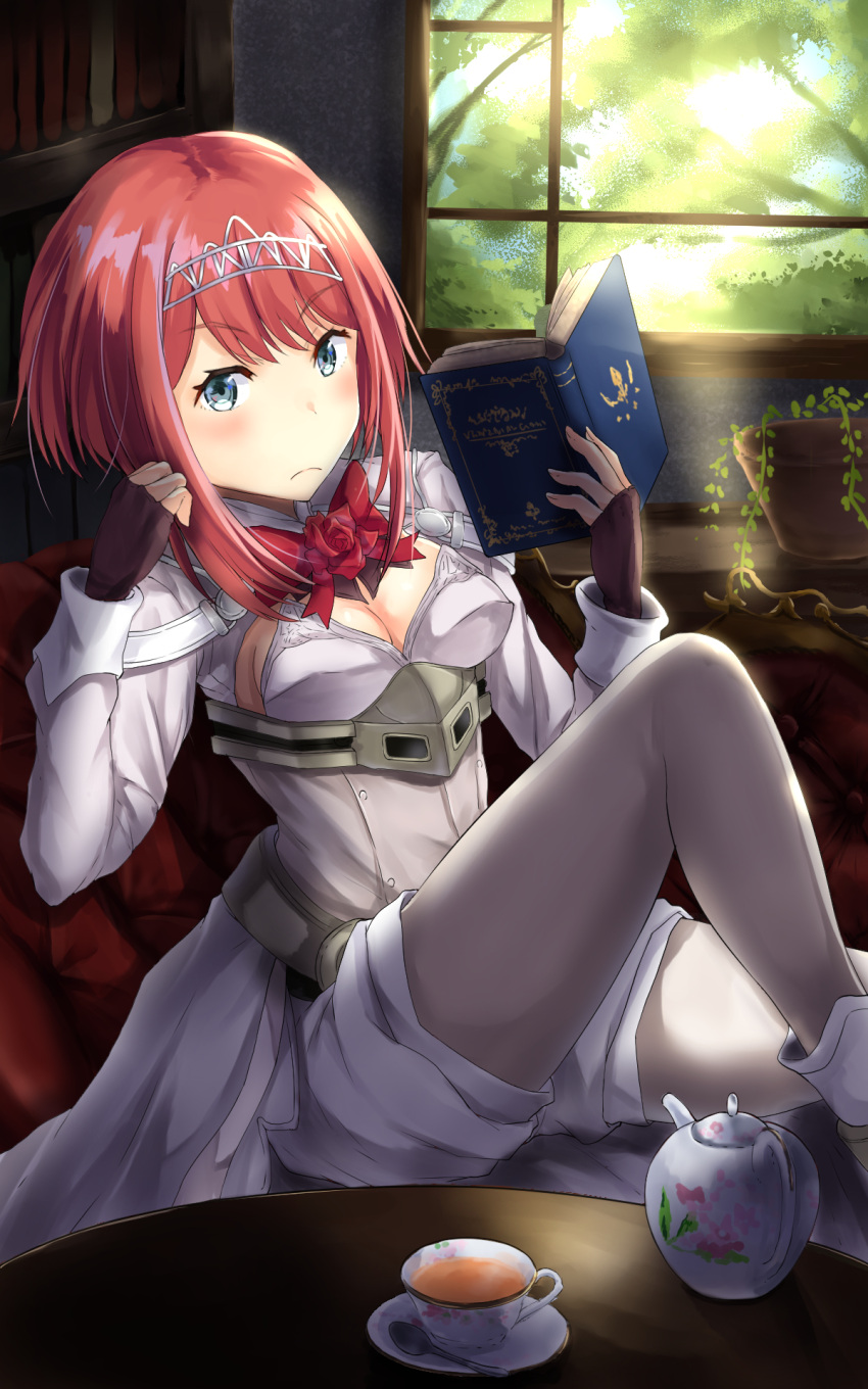 10s ark_royal_(kantai_collection) blue_eyes book breasts cleavage_cutout corset couch cup fingerless_gloves flower_pot gloves hadron9 highres kantai_collection long_sleeves looking_at_viewer military military_uniform one_leg_raised pantyhose redhead ribbon rigging short_hair shorts sideboob sidelocks sitting sitting_on_object spoon table teacup teapot tiara uniform white_legwear