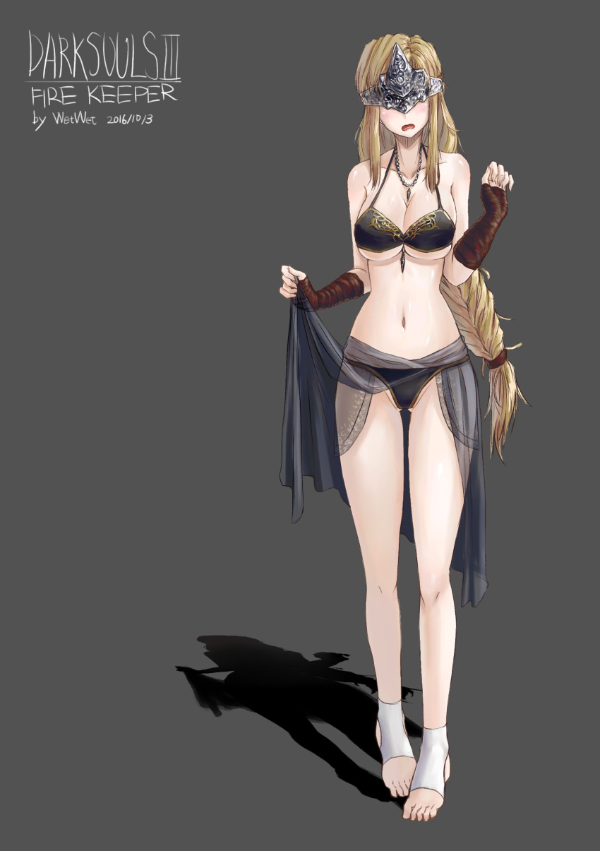 1girl absurdres artist_name bare_shoulders barefoot bikini black_bikini blonde_hair braid breasts character_name cleavage collarbone commentary copyright_name covered_eyes d-cao dark_souls_iii dated facing_viewer fire_keeper full_body gluteal_fold grey_background highres jewelry large_breasts lifted_by_self long_hair mask navel necklace open_mouth sarong sarong_lift shadow simple_background single_braid socks solo souls_(from_software) standing swimsuit toeless_legwear toes very_long_hair wavy_mouth wrist_wraps