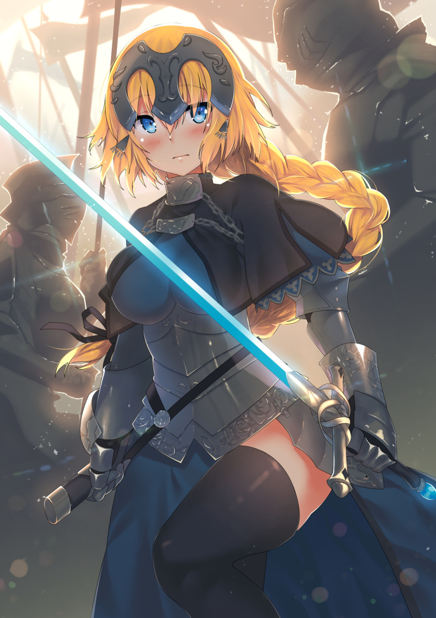 1girl bangs black_legwear blonde_hair blue_eyes blush braid closed_eyes closed_mouth fate/apocrypha fate_(series) headpiece highres holding holding_sword holding_weapon kawai long_hair low-tied_long_hair multiple_girls ruler_(fate/apocrypha) single_braid solo standing sword thigh-highs very_long_hair weapon