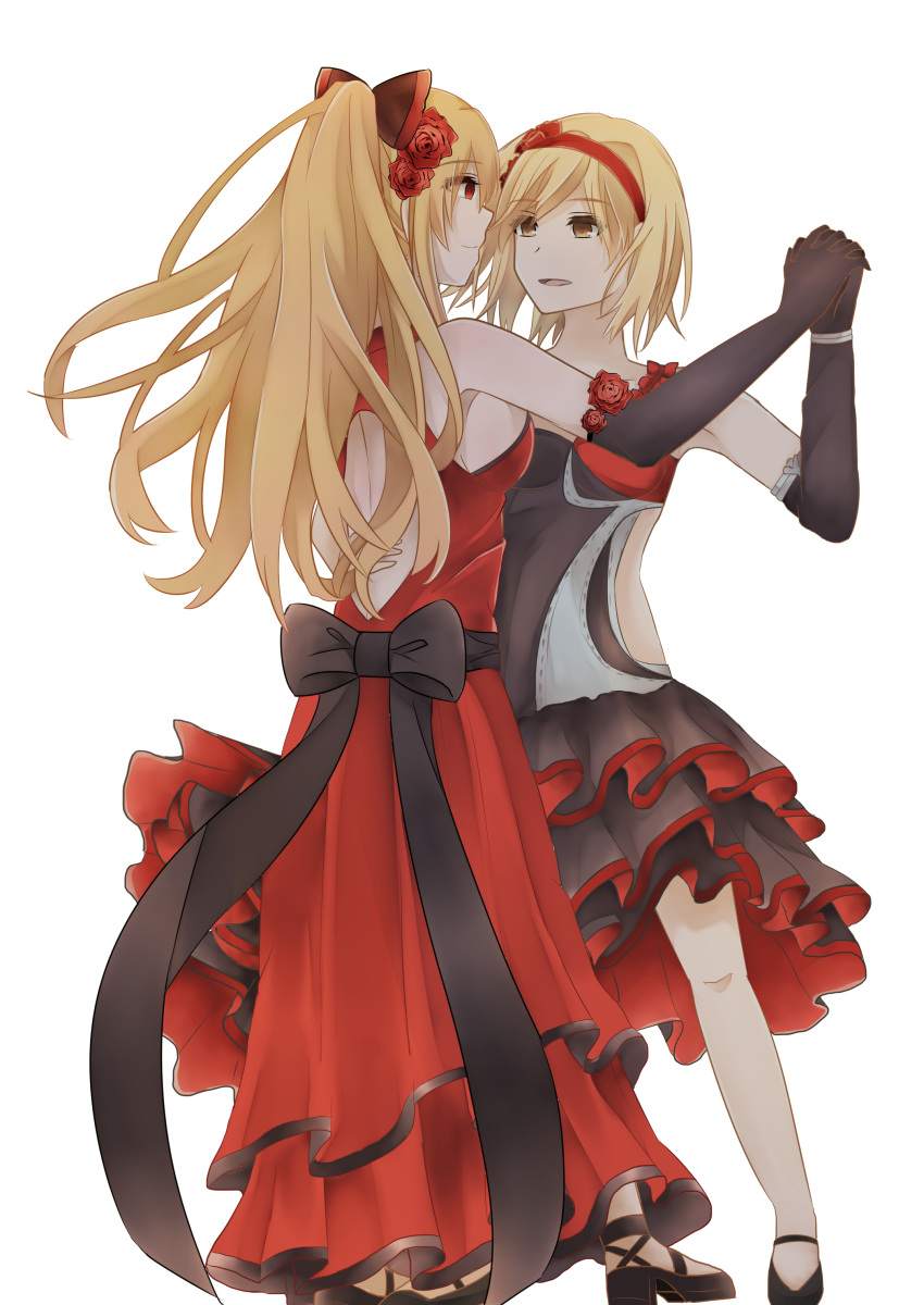 2girls :d absurdres alternate_costume back back_cutout bare_shoulders black_bow black_dress black_footwear black_gloves blonde_hair bow breasts brown_eyes closed_mouth couple dancing djeeta_(granblue_fantasy) dress elbow_gloves empty_eyes eye_contact eyebrows_visible_through_hair eyes_visible_through_hair face-to-face female flower formal frilled_dress frills gloves granblue_fantasy hair_bow hair_flower hair_ornament hairband hand_holding highres interlocked_fingers irinasvyatoslav long_dress long_hair looking_at_another medium_breasts multiple_girls mutual_yuri neck open_mouth ponytail red_dress red_eyes red_flower red_hairband shoes short_hair side_cutout sideboob simple_background small_breasts smile standing vira white_background yuri