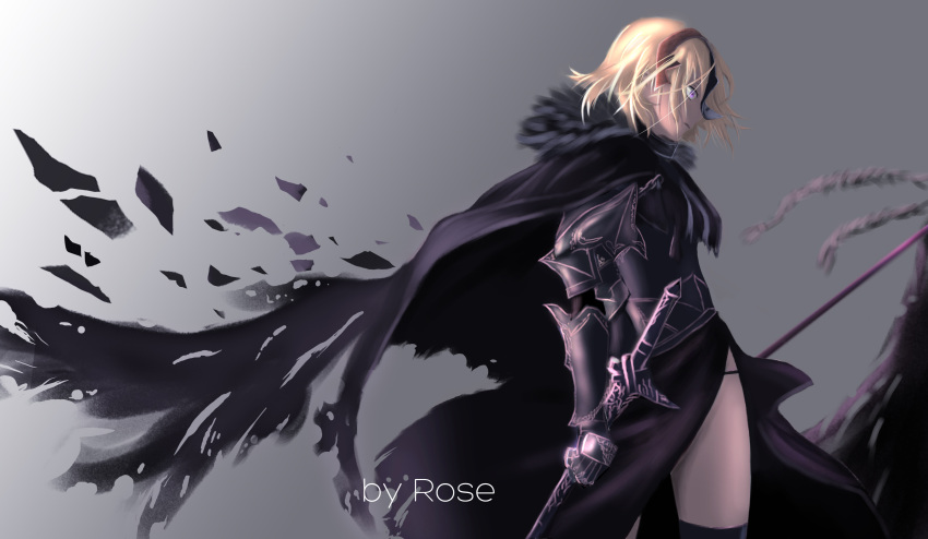 1girl absurdres armor blonde_hair cape fate/grand_order fate_(series) from_side fur-trimmed_kimono fur_trim grey_background highres japanese_clothes jeanne_alter kimono profile ruler_(fate/apocrypha) short_hair solo sword_behind_back thigh_grab