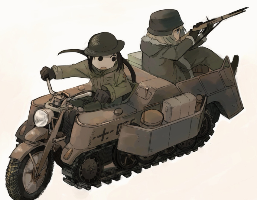 2girls black_hair blonde_hair caterpillar_tracks chii_(shoujo_shuumatsu_ryokou) gun helmet kettenkrad military military_uniform military_vehicle multiple_girls rifle shoujo_shuumatsu_ryokou tadano_(toriaezu_na_page) uniform vehicle weapon winter_clothes yuuri_(shoujo_shuumatsu_ryokou)