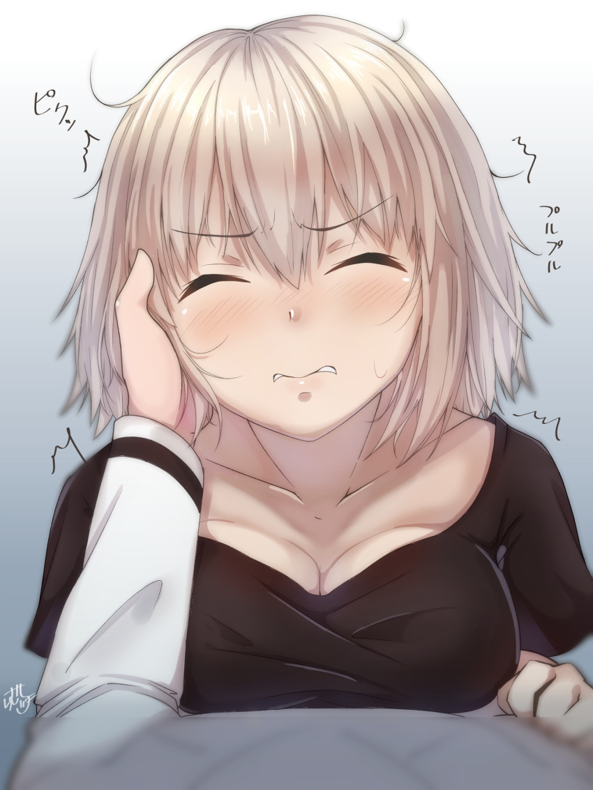 1boy 1girl blush breasts cleavage clenched_teeth closed_eyes eyebrows_visible_through_hair fate/grand_order fate_(series) fujimaru_ritsuka_(male) grey_hair hand_in_another's_hair highres jeanne_alter large_breasts long_sleeves messy_hair pov pov_hands ramchi ruler_(fate/apocrypha) shirt short_hair solo_focus t-shirt teeth