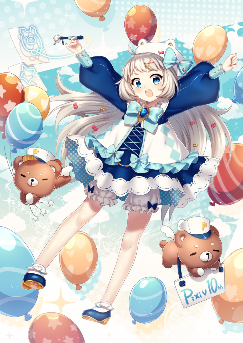 1girl :d ahoge balloon bangs bloomers blue_bow blue_dress blue_eyes blue_footwear blue_neckwear blush bobby_socks bow bowtie brooch commentary_request dress flat_cap frills grey_hair hair_bow hair_ornament hat heart heart_print highres holding_balloon ichiren_namiro jewelry long_hair long_legs long_sleeves looking_at_viewer mini_wings open_mouth original outstretched_arms pixiv-tan polka_dot polka_dot_dress puffy_long_sleeves puffy_sleeves red_bow shoes sign smile socks solo sparkle spread_arms star star_print stuffed_animal stuffed_toy stylus teddy_bear underwear very_long_hair white_bloomers white_hat white_legwear x_hair_ornament yellow_bow