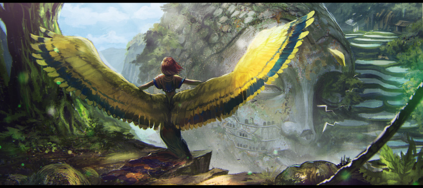 1girl bayashiko bird blue_sky cliff clouds cloudy_sky day fake_wings fantasy feathered_wings from_behind grass letterboxed moss nature original outdoors outstretched_arms redhead short_hair sky solo spread_arms spread_wings stairs standing statue tree wings