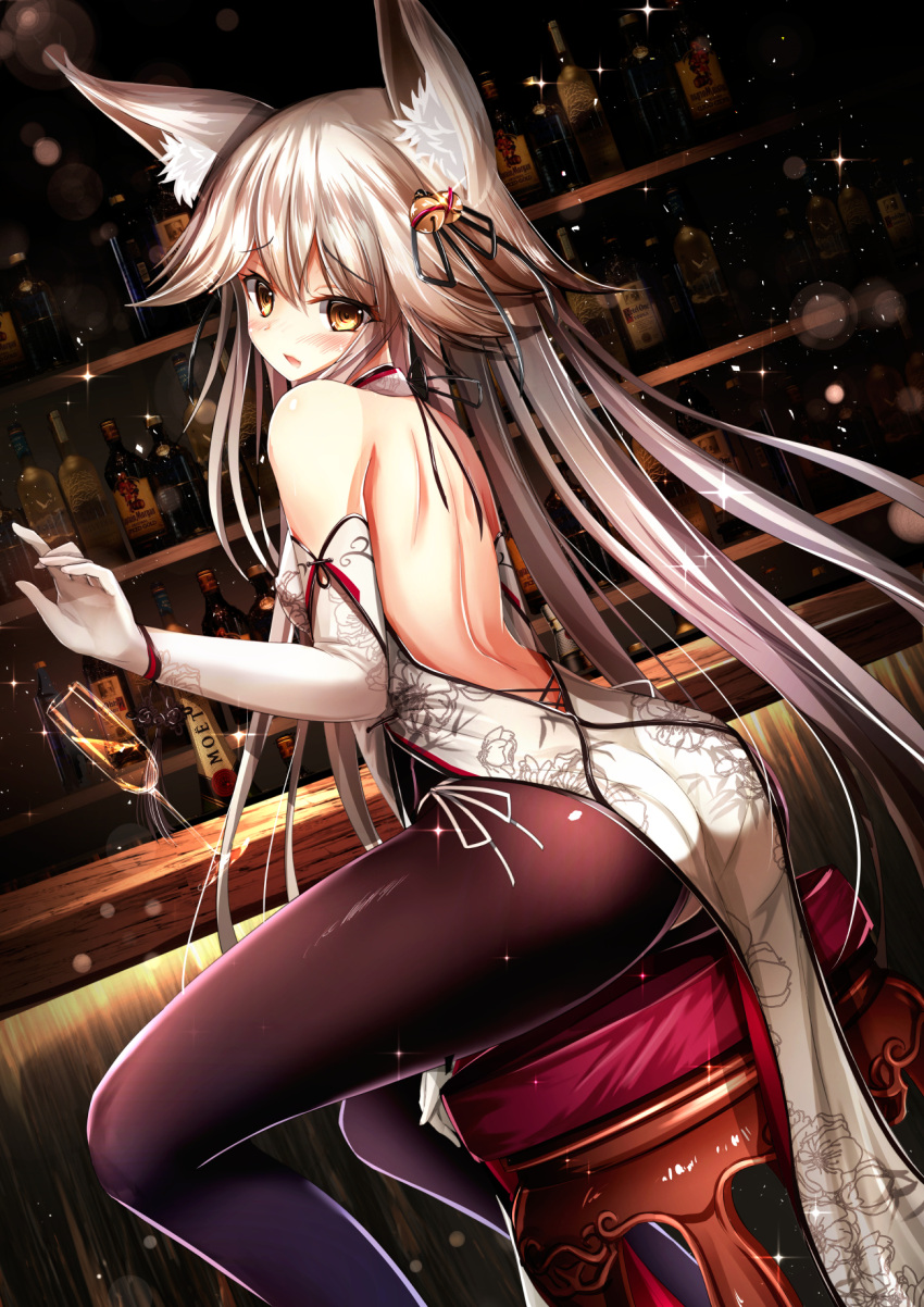 1girl alcohol animal_ears ass back bangs bar bar_stool bare_back bare_shoulders bell black_legwear blush bottle brown_eyes champagne_flute chinese_clothes cup detached_sleeves dress drink drinking_glass elbow_gloves feet_out_of_frame flipped_hair fox_ears from_behind gloves haguruma_(hagurumali) hair_bell hair_ornament hair_ribbon halterneck highres jingle_bell legs light_particles long_hair looking_at_viewer looking_back open-back_dress open_mouth original pantyhose revision ribbon shelf side_slit sitting solo sparkle spilling stool very_long_hair white_gloves
