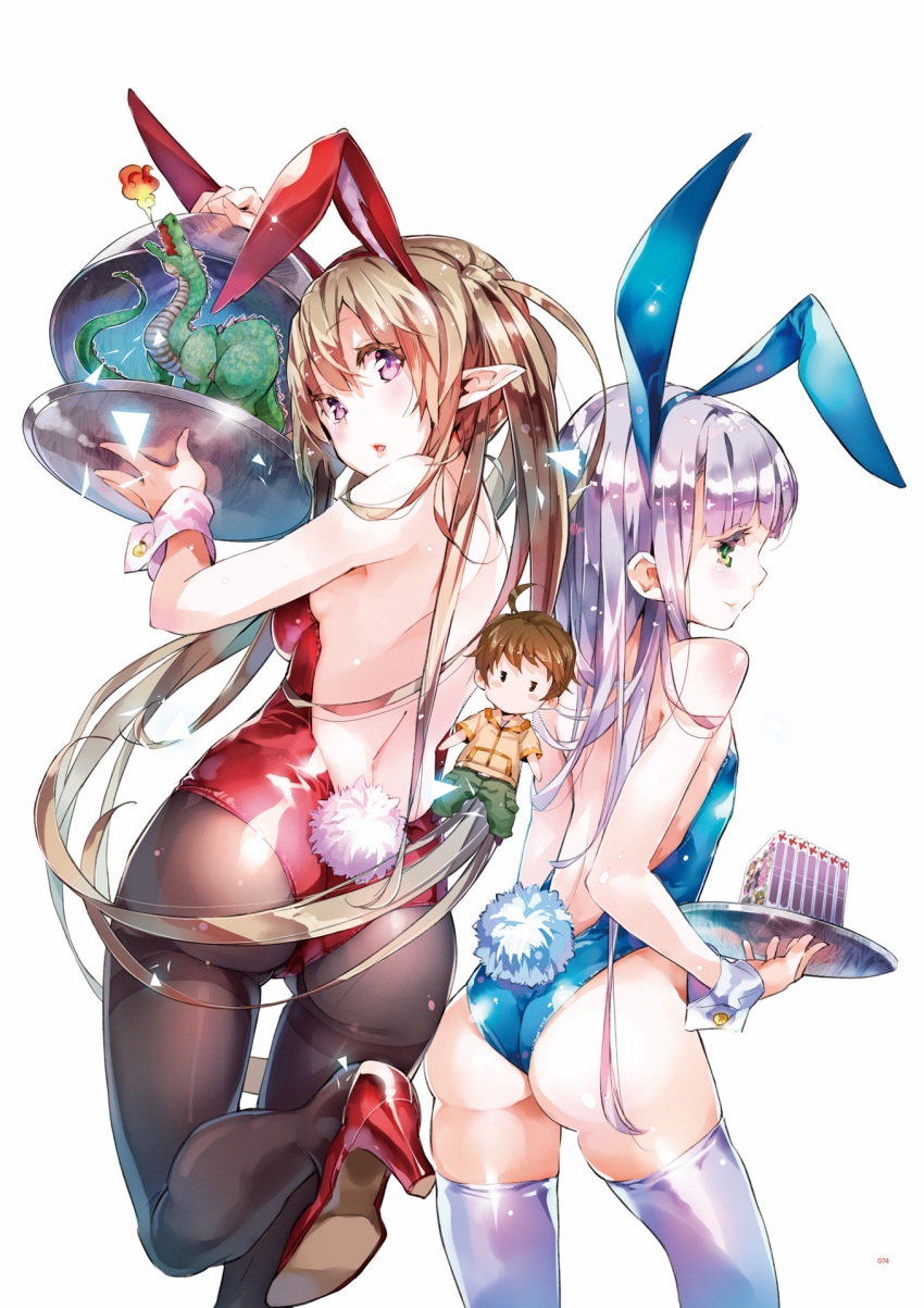 2girls animal_ears ass bare_shoulders black_legwear breasts brown_hair bunny_girl bunny_tail bunnysuit character_doll contrapposto dragon eyebrows_visible_through_hair fake_animal_ears flat_chest green_eyes hairband high_heels highres kanou_shin'ichi lavender_hair leotard looking_at_viewer looking_back medium_breasts multiple_girls myucel_foalan outbreak_company pantyhose parted_lips petralka_anne_eldant_iii pointy_ears profile rabbit_ears sideboob tail thigh-highs tray violet_eyes wrist_cuffs yuugen