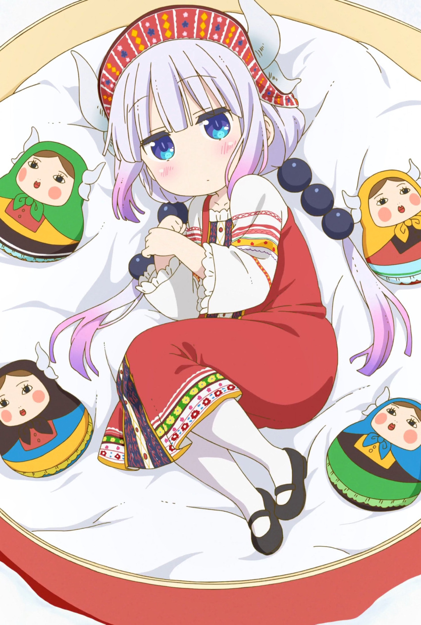 1girl absurdres alternate_costume bangs beads blue_eyes blunt_bangs child doll dragon_girl dragon_horns eyebrows_visible_through_hair gradient_hair hair_beads hair_ornament hairband highres horns kanna_kamui kobayashi-san_chi_no_maidragon lavender_hair long_hair low_twintails matryoshka_doll multicolored_hair pink_hair russian_clothes sarafan screencap stitched twintails