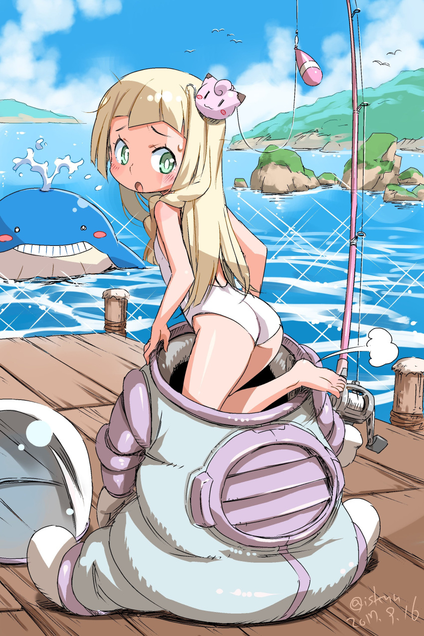 1girl absurdres blonde_hair blush clefairy clouds diving_suit fishing_rod green_eyes highres isedaichi_ken lillie_(pokemon) long_hair open_mouth pier pokemon pokemon_(anime) pokemon_(creature) pokemon_sm_(anime) sky swimsuit wailmer water white_swimsuit