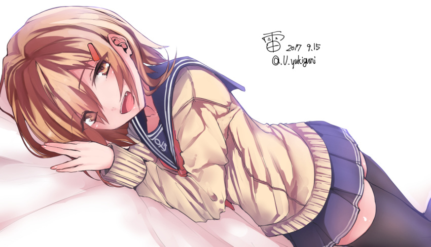 10s 1girl :d anchor_symbol bed_sheet blue_skirt blush brown_eyes brown_hair date dutch_angle eyes_visible_through_hair fang hair_ornament hair_over_one_eye hairclip half-closed_eyes ikazuchi_(kantai_collection) kantai_collection long_sleeves looking_at_viewer lying miniskirt neckerchief on_stomach open_mouth pleated_skirt red_neckerchief school_uniform serafuku short_hair simple_background skirt smile solo thigh-highs twitter_username white_background yukiguni_yuu zettai_ryouiki
