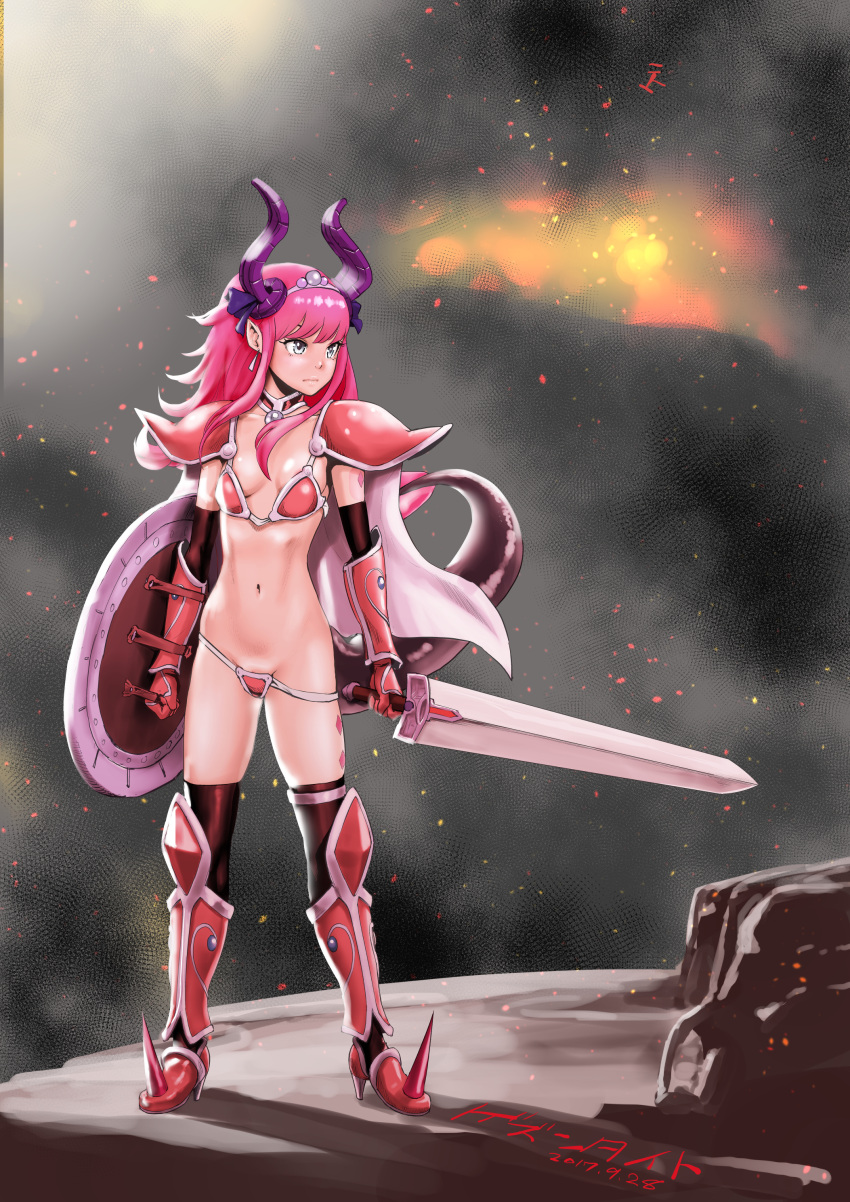 1girl absurdres armor artist_name bikini_armor black_gloves black_legwear breasts cape commentary dated elbow_gloves elizabeth_bathory_(brave)_(fate) fate/grand_order fate_(series) gauntlets gesundheit_(artist) gloves greaves grey_eyes highres horns lancer_(fate/extra_ccc) long_hair looking_to_the_side navel pauldrons pink_hair pointy_ears serious shield small_breasts solo sword tail thigh-highs tiara weapon