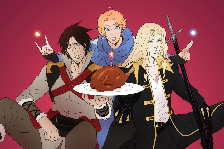 1girl 2boys alucard_(castlevania) beard blonde_hair blue_eyes brown_hair castlevania castlevania:_curse_of_darkness castlevania_iii:_dracula's_curse facial_hair highres long_hair male_focus multiple_boys ralph_c_belmondo smile sword sypha_belnades weapon white_hair