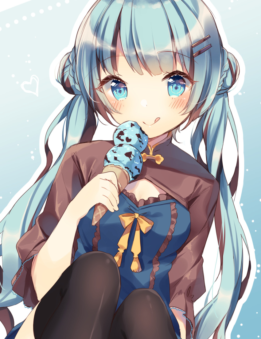 1girl :q bangs black_legwear blue_background blue_dress blue_eyes blue_hair blush brown_hair brown_shirt closed_mouth double_bun double_scoop dress eyebrows_visible_through_hair food hair_ornament hairclip heart highres holding holding_food ice_cream ice_cream_cone long_hair looking_at_viewer multicolored_hair original ribbon shiino_sera shirt short_sleeves side_bun simple_background smile solo tareme thigh-highs tongue tongue_out twintails two-tone_hair very_long_hair wide_sleeves yellow_ribbon