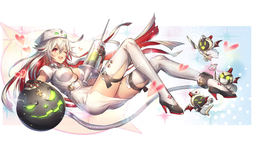 1girl ;d bangs black_footwear breasts doctor dress full_body grey_hair guilty_gear guilty_gear_xrd hair_between_eyes hat heart high_heels holding jack-o'-lantern jack-o_(guilty_gear) legs long_hair looking_at_viewer medium_breasts multicolored_hair one_eye_closed open_mouth oro_(sumakaita) oversized_object red_eyes redhead shoes short_dress silver_hair smile solo stethoscope syringe teeth thigh-highs thighs tsurime two-tone_hair unzipped white_dress white_legwear