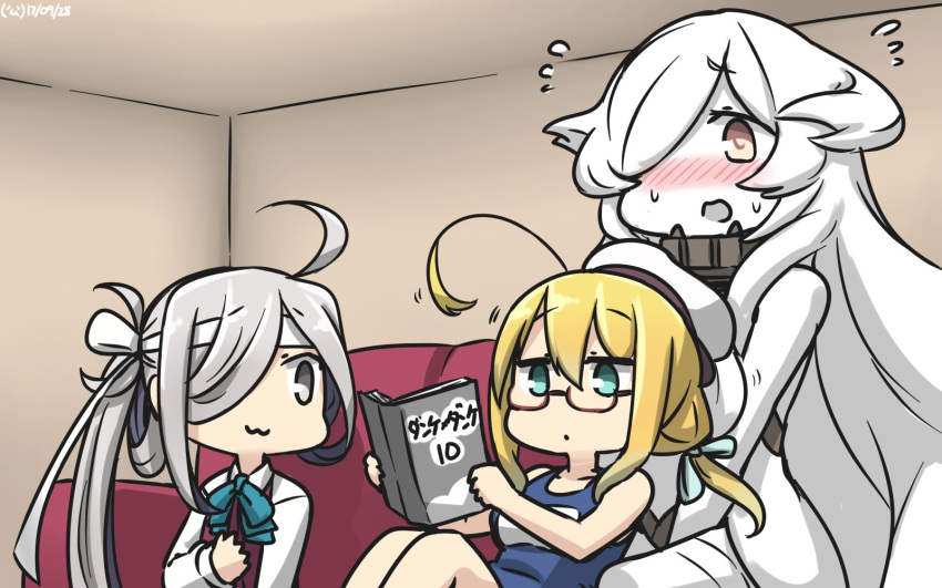 10s 3girls :3 ahoge aqua_neckwear asashimo_(kantai_collection) blonde_hair blue_eyes book bow bowtie brown_eyes dated dress flying_sweatdrops french_battleship_hime glasses grey_eyes hair_over_one_eye hamu_koutarou hat highres holding holding_book huge_ahoge i-8_(kantai_collection) kantai_collection long_hair long_sleeves low_twintails multiple_girls name_tag open_book purple_dress reading red-framed_eyewear sailor_hat school_swimsuit shinkaisei-kan shirt silver_hair sleeveless sleeveless_dress swimsuit twintails white_hair white_hat white_shirt