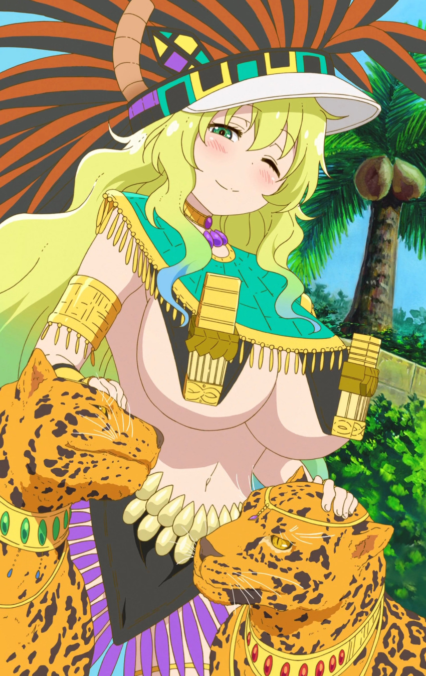 1girl absurdres animal armband bangs blonde_hair blush breasts cleavage collar day dragon_girl dragon_horns gradient_hair green_eyes green_hair headdress highres horns huge_breasts jaguar kobayashi-san_chi_no_maidragon long_hair looking_at_viewer midriff multicolored_hair navel official_art one_eye_closed outdoors palm_tree quetzalcoatl_(maidragon) screencap smile solo stitched stomach tree under_boob