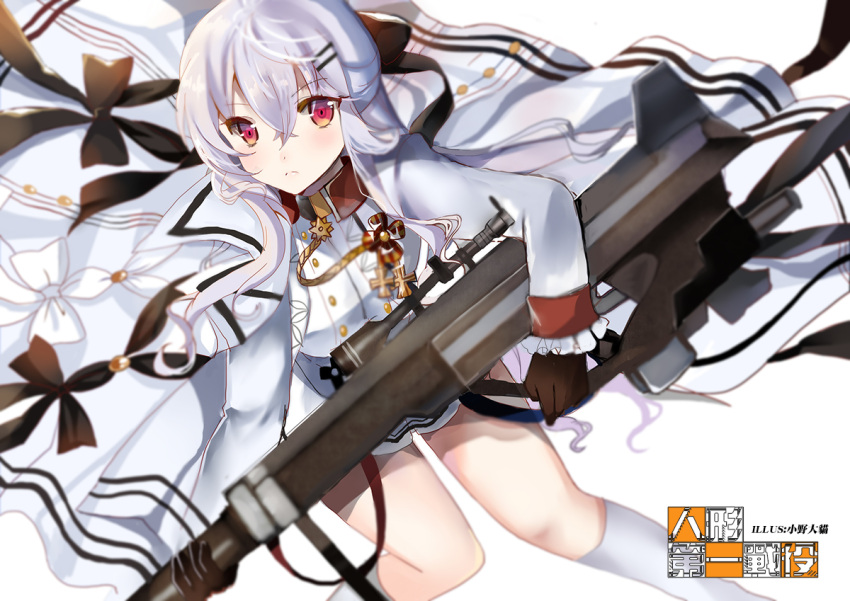 1girl aiguillette artist_name bangs black_gloves blurry blush breasts closed_mouth coat copyright_name crossed_bangs depth_of_field eyebrows_visible_through_hair girls_frontline gloves gun hair_between_eyes hair_ornament hairclip holding holding_gun holding_weapon iws-2000_(girls_frontline) jacket_on_shoulders kneehighs long_hair long_sleeves looking_at_viewer lunacats medium_breasts open_clothes open_coat red_eyes rifle silver_hair sniper_rifle solo thighs tsurime weapon white_hair white_legwear