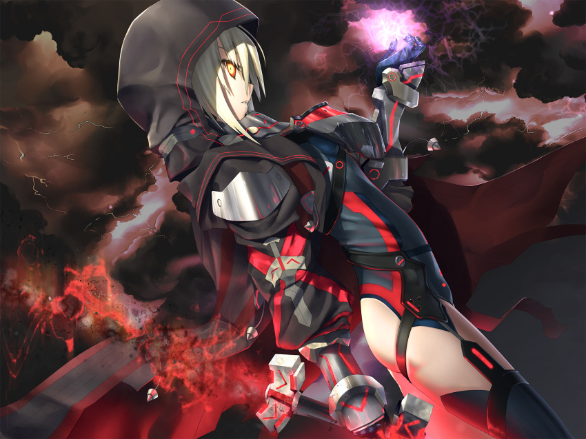 1girl artoria_pendragon_(all) ass black_cloud black_legwear black_leotard blonde_hair breastplate clouds cloudy_sky coat dark_excalibur dutch_angle fate/grand_order fate_(series) from_side gauntlets glowing glowing_sword glowing_weapon hand_up highres holding holding_sword holding_weapon hood_up kawanakajima leotard lightning looking_at_viewer mysterious_heroine_x_(alter) orange_eyes outdoors parted_lips pauldrons profile sidelocks sky solo sword thigh-highs thighs weapon