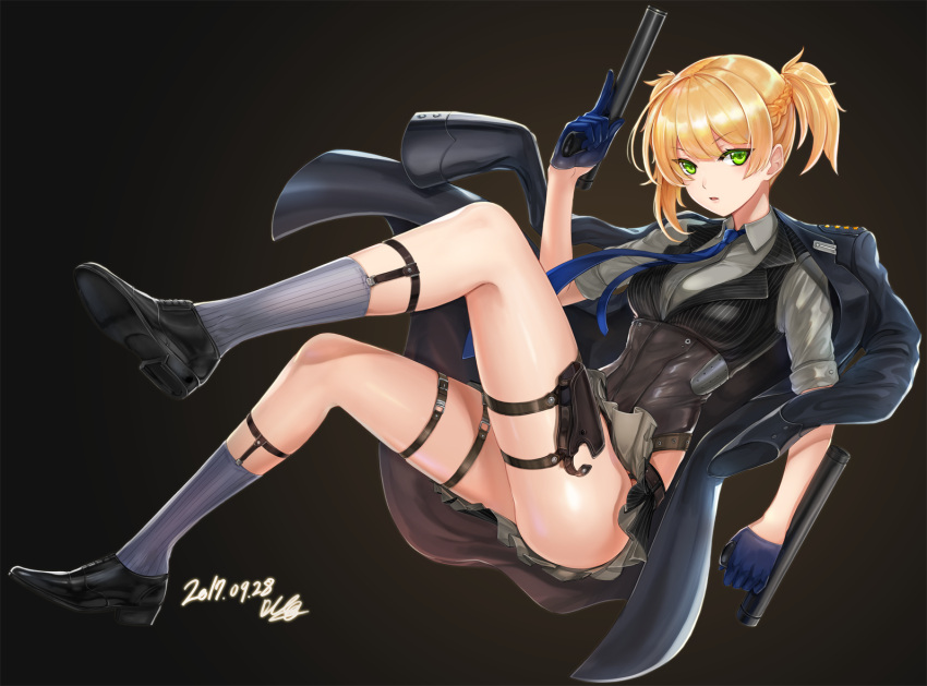 1girl artist_name bangs blonde_hair blue_gloves breasts collared_shirt dated eyebrows_visible_through_hair full_body girls_frontline gloves green_eyes grey_legwear grey_shirt gun half_gloves holding holding_gun holding_weapon jacket_on_shoulders loafers looking_at_viewer medium_breasts mhg_(hellma) parted_lips ribbed_legwear shirt shoes short_twintails sidelocks signature sleeves_rolled_up solo thigh_strap thighs twintails vest weapon welrod_mk2_(girls_frontline)