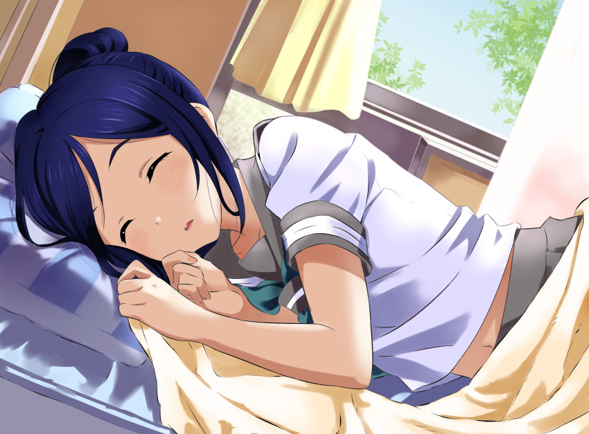 1girl bed bed_sheet belly_peek blue_hair blush closed_eyes collarbone commentary_request curtains day grey_skirt highres indoors kuro_ikusanin love_live! love_live!_sunshine!! lying matsuura_kanan navel neckerchief on_bed on_side parted_lips pillow pleated_skirt ponytail school_uniform serafuku short_sleeves sketch skirt sleeping solo uranohoshi_school_uniform window