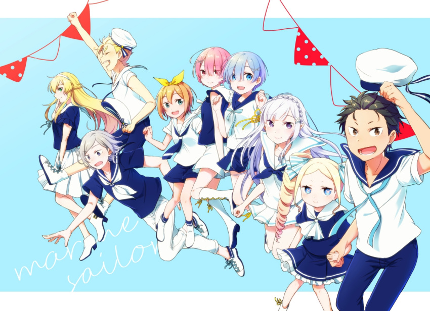 beatrice_(re:zero) black_hair blonde_hair blue_eyes blue_hair blue_pants blue_shirt blue_skirt blush closed_eyes dress drill_hair emilia_(re:zero) frederica_baumann garfiel_tinsel group_picture hair_ornament hair_over_one_eye hair_ribbon hat jumping kanata_(kanakana_re0) long_hair multiple_girls natsuki_subaru open_mouth otto_suewen pants peaked_cap petra_leyte pink_hair ram_(re:zero) re:zero_kara_hajimeru_isekai_seikatsu red_eyes rem_(re:zero) ribbon sailor sailor_dress shirt short_hair silver_hair skirt smile white_pants white_shirt x_hair_ornament