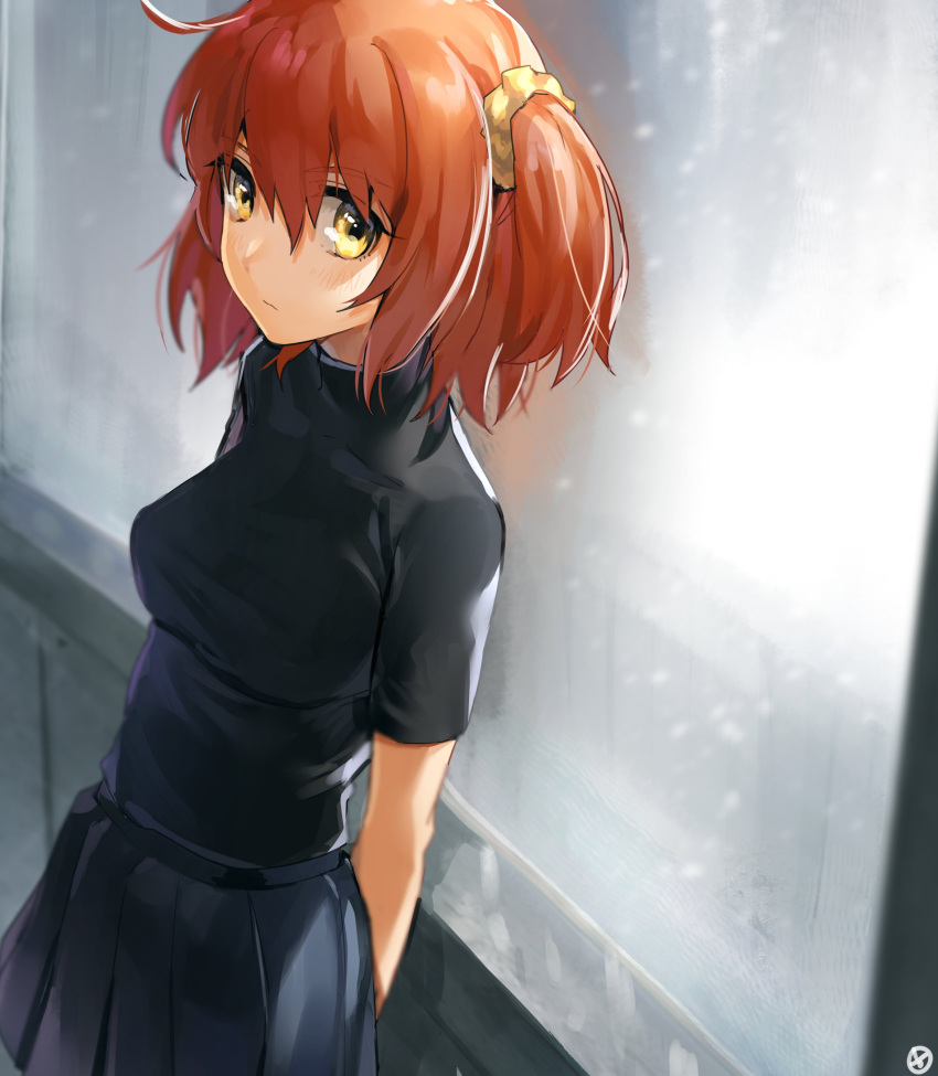 1girl absurdres arms_behind_back black_clothes black_skirt fate/grand_order fate_(series) fujimaru_ritsuka_(female) hair_ornament hair_scrunchie hieung highres leaning_back looking_at_viewer orange_hair pleated_skirt scrunchie side_ponytail skirt solo window yellow_eyes