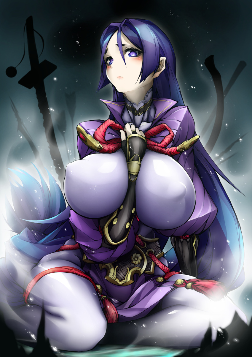 1girl absurdres between_breasts blush bodysuit breasts cleavage erect_nipples fate/grand_order fate_(series) fingerless_gloves gloves highres hiro_(yuto_noirm08) huge_breasts long_hair looking_at_viewer minamoto_no_raikou_(fate/grand_order) purple_hair solo very_long_hair violet_eyes