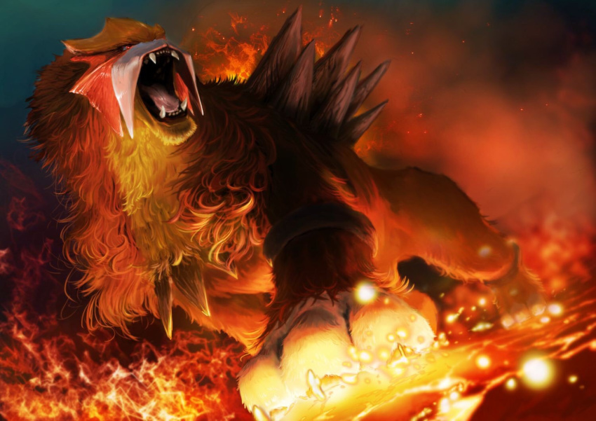 claws commentary_request entei fangs fire flame lion looking_to_the_side molten_rock no_humans open_mouth pokemon pokemon_(creature) realistic roaring solo standing teru_sakura