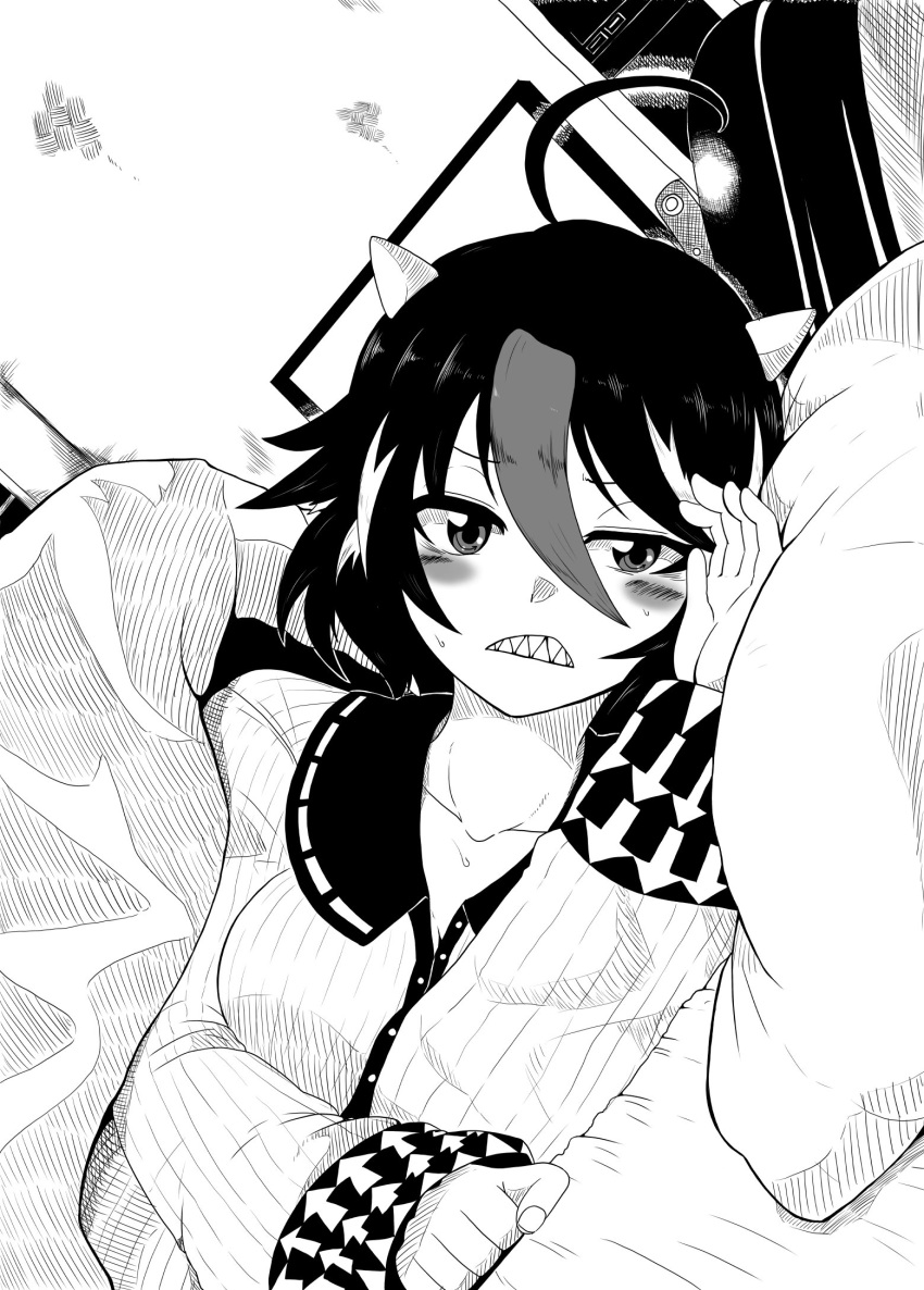 1girl ahoge arm_rest bed bed_sheet blanket blush clenched_teeth collarbone computer directional_arrow dutch_angle eyebrows_visible_through_hair greyscale hair_between_eyes hand_rest hand_up highres himajin_no_izu horns indoors kijin_seija long_sleeves looking_at_viewer lying monitor monochrome multicolored_hair nose_blush on_bed on_side pajamas pillow pov scowl sharp_teeth short_hair sleepwear solo streaked_hair sweat teeth touhou under_covers upper_body