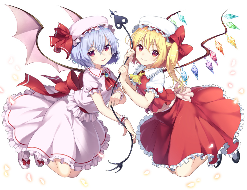 2girls ascot bangs bat_wings black_footwear blonde_hair blue_hair bow brooch closed_mouth commentary_request crystal eyebrows_visible_through_hair flandre_scarlet frilled_ascot frilled_shirt frilled_shirt_collar frilled_skirt frilled_sleeves frills full_body glowing glowing_petals hair_between_eyes hat hat_ribbon head_tilt holding jewelry laevatein looking_at_viewer looking_to_the_side medium_skirt mob_cap multiple_girls parted_lips petals pink_hat puffy_short_sleeves puffy_sleeves red_ascot red_bow red_eyes red_ribbon red_skirt red_vest reimin remilia_scarlet ribbon shiny shiny_hair shirt shoe_bow shoes short_hair short_sleeves side_ponytail simple_background skirt skirt_set smile socks touhou vest white_background white_hat white_legwear white_shirt white_shoes white_skirt wings wrist_cuffs yellow_ascot