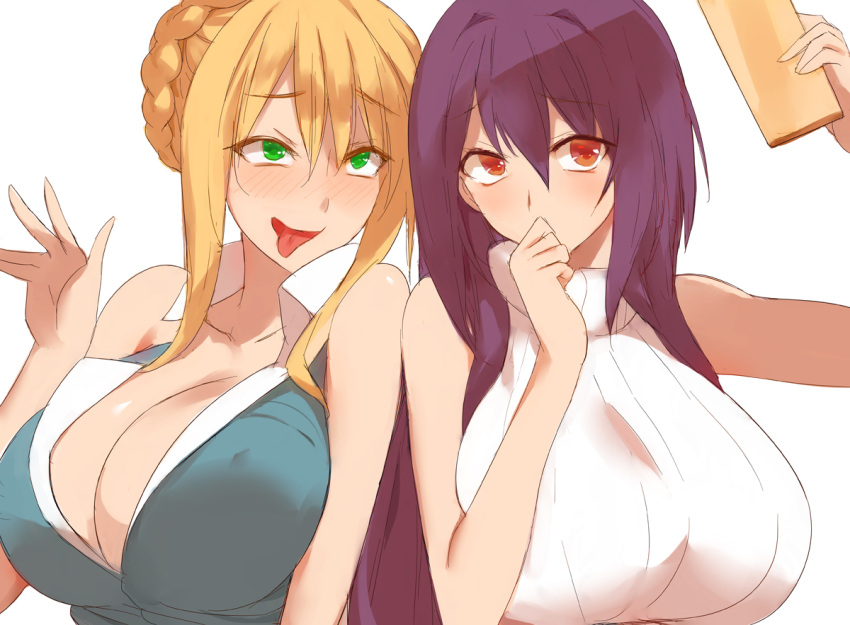 2girls :d artoria_pendragon_(all) artoria_pendragon_(lancer) bare_shoulders blonde_hair blush breasts cellphone cleavage erect_nipples fate/grand_order fate_(series) green_eyes large_breasts long_hair multiple_girls open_mouth phone purple_hair red_eyes scathach_(fate/grand_order) simple_background sleeveless smartphone smile tongue tongue_out white_background yostxxx