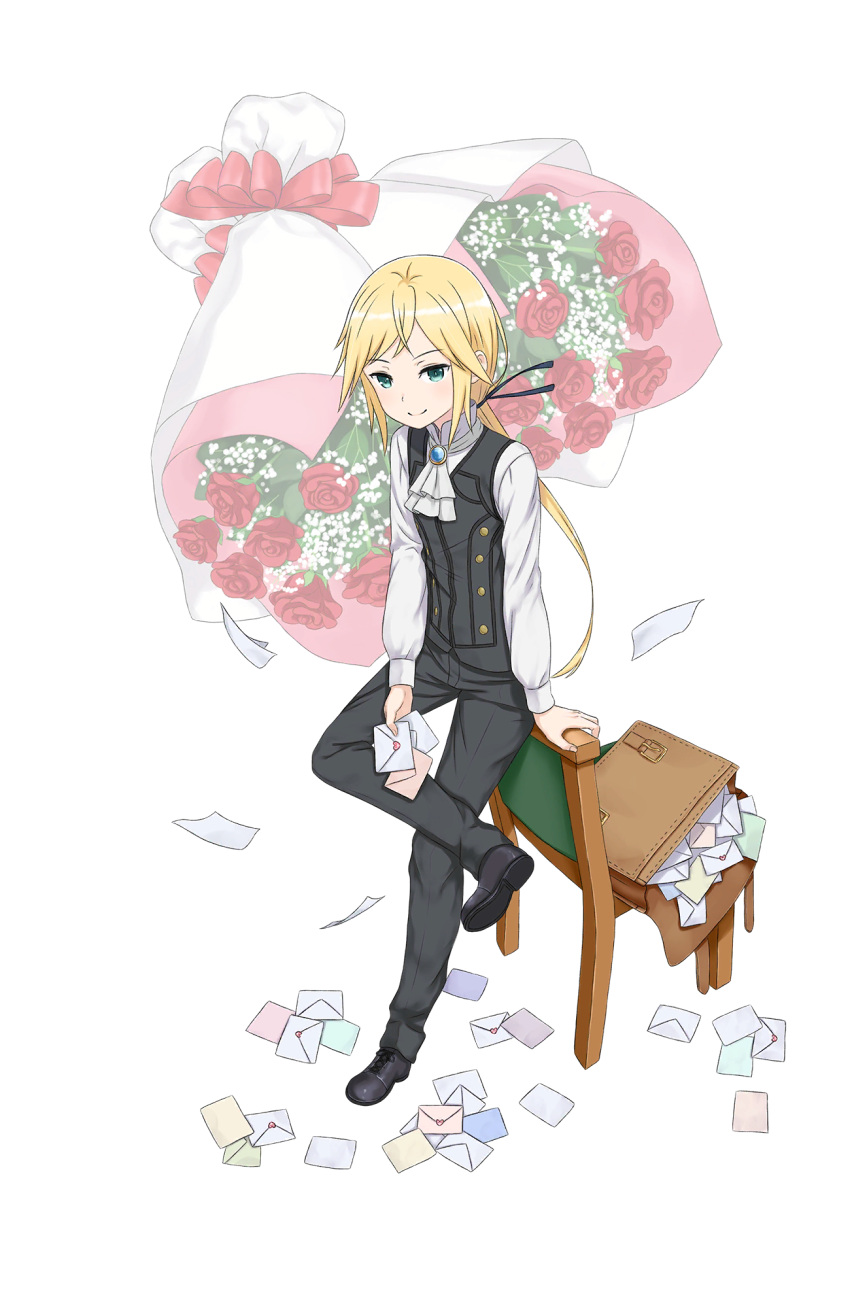 1girl androgynous aqua_eyes black_footwear black_pants blonde_hair bouquet briefcase chair chris_(princess_principal) envelope flower full_body highres looking_at_viewer official_art pants ponytail princess_principal princess_principal_game_of_mission shoes smile solo standing standing_on_one_leg vest