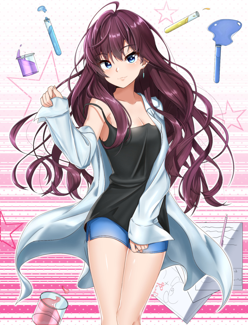 1girl :3 beaker black_shirt blue_eyes blue_shorts breasts cleavage highres ichinose_shiki idolmaster idolmaster_cinderella_girls jewelry kuki_panda_(wkdwnsgk13) labcoat large_breasts liquid long_hair looking_at_viewer messy_hair off_shoulder open_labcoat paper pen purple_hair shirt short_shorts shorts signature single_earring sleeves_past_wrists smile solo tank_top test_tube very_long_hair wavy_hair white_background